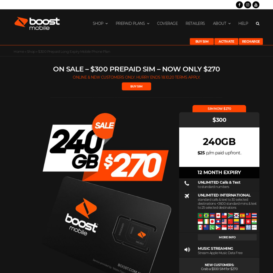 Boost Mobile 300 Prepaid, 240GB Data, Unlimited Talk, International