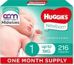 Huggies Newborn Nappies Size 1 (1 Month Supply, 216pk) $54 Shipped ($40.50 with S/S) @ Amazon au