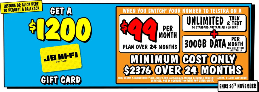 Bonus $1200 Gift Card with Telstra $99 300GB Per Month 24-Month Plan ...