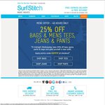 25% off Bags, Mens + WomensTees, Jeans, Shorts at SurfStitch.com.au -Ends Midnight Tonight!