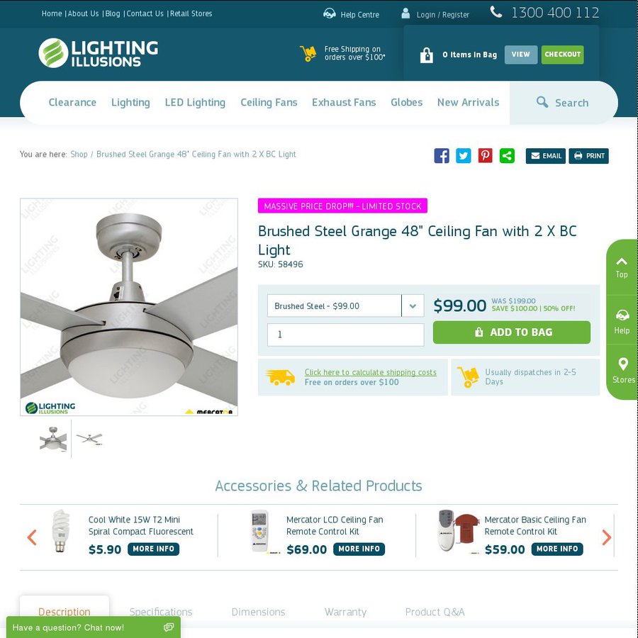 Mercator Grange Brushed Aluminium Ceiling Fan with 2x BC