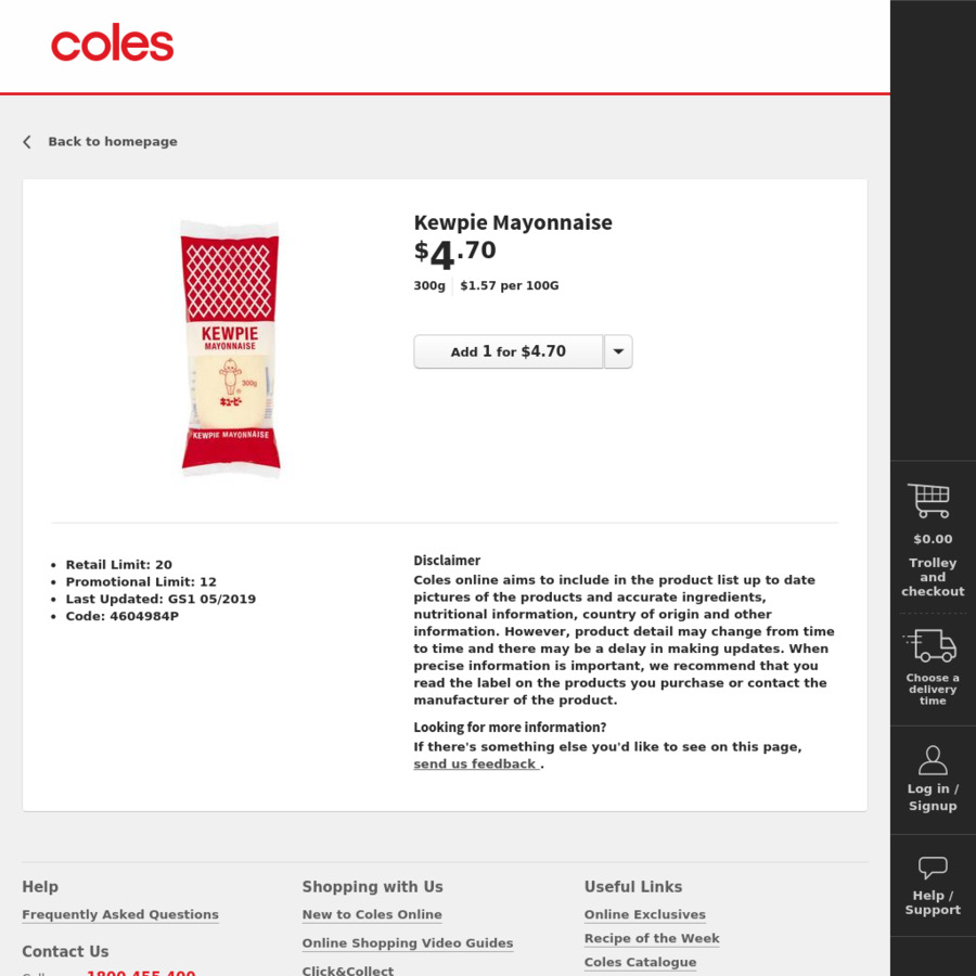 Kewpie Japanese Mayonnaise 300g $3.75 (Was $4.70) @ Coles - OzBargain