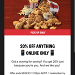 20% off Online Pick-up Orders @ KFC via App or Website