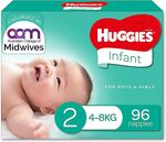 Huggies Size 1 & 2 Infant Nappies 96 Pack $30 (Sub & Save $27, $25.50 Prime) + Delivery ($0 with Prime/ $39 Spend) @ Amazon AU