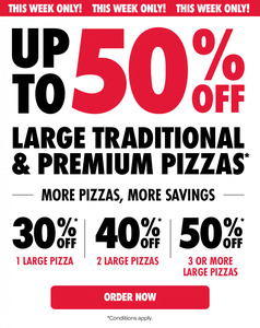 30% off 1, 40% off 2, 50% off 3 Traditional/Premium Pizzas @ Domino's (Selected Stores, Online Only)
