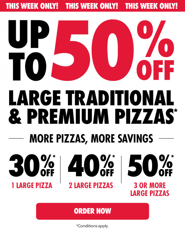 30% off 1, 40% off 2, 50% off 3 Traditional/Premium Pizzas @ Domino's ...