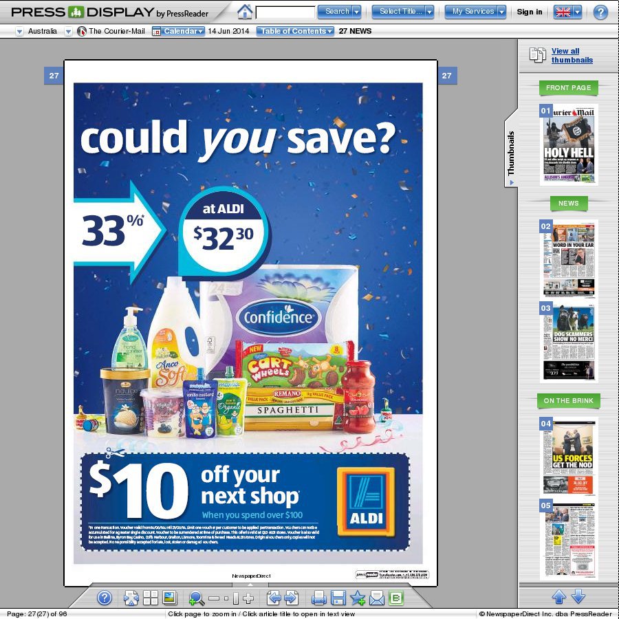 Aldi: $10 off Coupon with $100 Minimum Spend / Coupon in Todays Courier Mail (QLD) - OzBargain