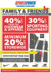 SportsPower Docklands VIC Family & Friends Offer, Min 20% off Storewide, 30% off Equipment, 40% off Selected Apparel & Footwear