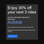 30% off Next 3 Trips (up to $20 Discount) with Uber