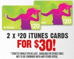 2x $20 iTunes Cards for $30 - EB Games (Saturday May 19) (25% Off)
