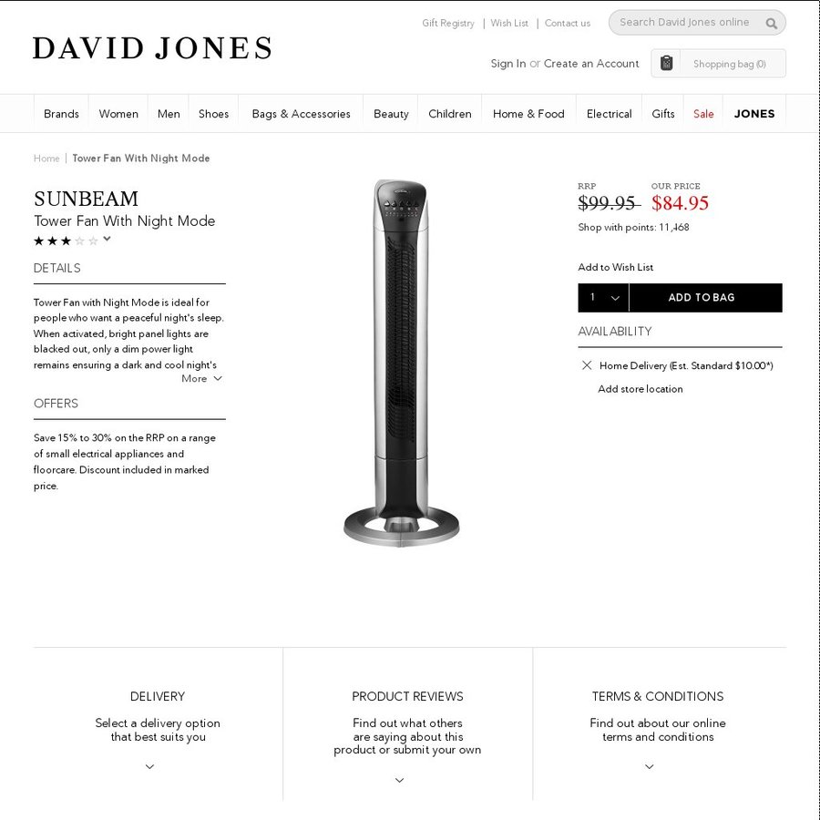 Sunbeam Tower Fan w/ Night Mode 84.95 David Jones OzBargain