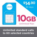 Unlimited Talk, Text & MMS, Unlimited to 60 Countries + 10GB Data Starter Pack (30 Days) @ Lebara for $14.90