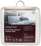 HERITAGE 85/15 Duck down & Feather Quilt QS $127.6 (Was $369), Goose down & Feather Quilt SS $139.6 (Was $399) Free Post @ Myer