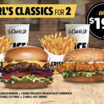 [QLD, NSW, SA, VIC] 'Carl's Classics for 2': 1 Angus Burger, 1 Chicken Sandwich, 2 Small Fries, 2 Drinks for $19.95 @ Carl's Jr.