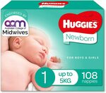 Huggies Newborn Nappies Size 1 (Up To 5kg) 108 Count $26 ($23.40 S&S, $22.10 with Prime & S&S) Shipped @ Amazon AU