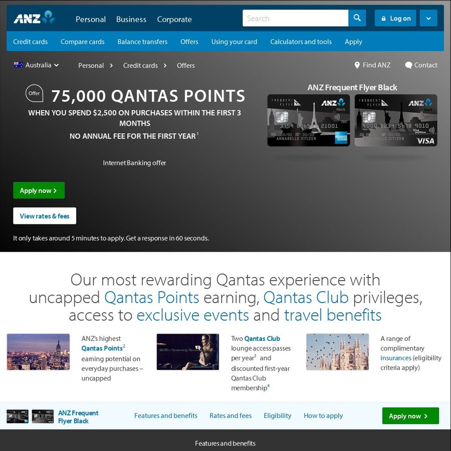 anz qff black cc 75 000 qff points 2 500 spend in 3 months 0 anz frequent flyer black lounge