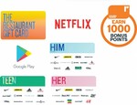 1000 Everyday Points on $50 Google Play, Netflix, Her, Him, Teen, Pub & Bar, Restaurant and Hotel Gift Cards @ Woolworths
