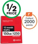 1/2 Price: Vodafone $250 12 Months 150GB Prepaid SIM Starter Kit - $125 + 2000 Reward Points @ Woolworths