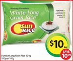 Sunrice White Long Grain Rice 10kg for $10.00 at Woolworths (Save $10.19)