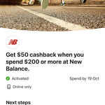 $50 Cashback on Spending $200 or More @ New Balance from CommBank Rewards (Activation Required)