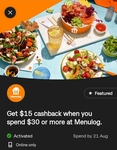 $15 Cashback When You Spend $30 or More at Menulog @ CommBank Yello (Activation Required)