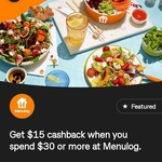 $15 Cashback When You Spend $30 or More at Menulog @ CommBank Yello