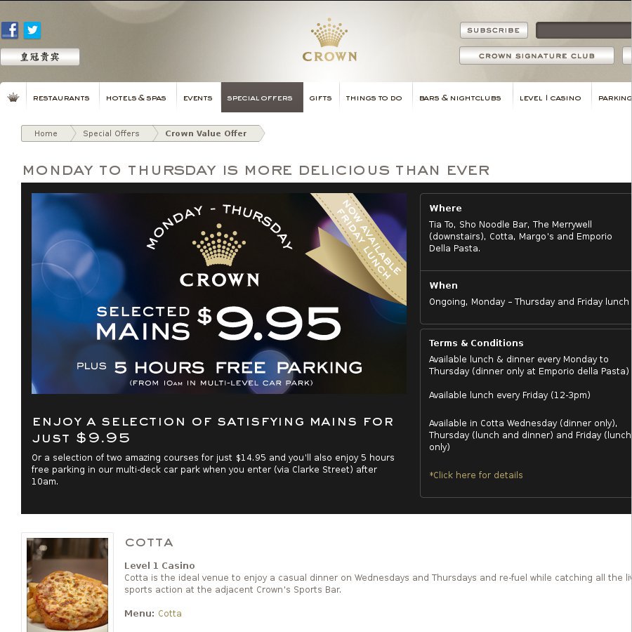 Vic 9 95 Main Meals At Crown And 5 Hours Free Parking Ozbargain