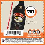BWS 1000 ML Baileys Irish Cream for $30 Coupon = $21.00 Per 700ml
