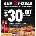 Domino's - Any 3 Pizzas +2x G/Breads +2x 1.25l Drinks $30 Delivered with PayPal