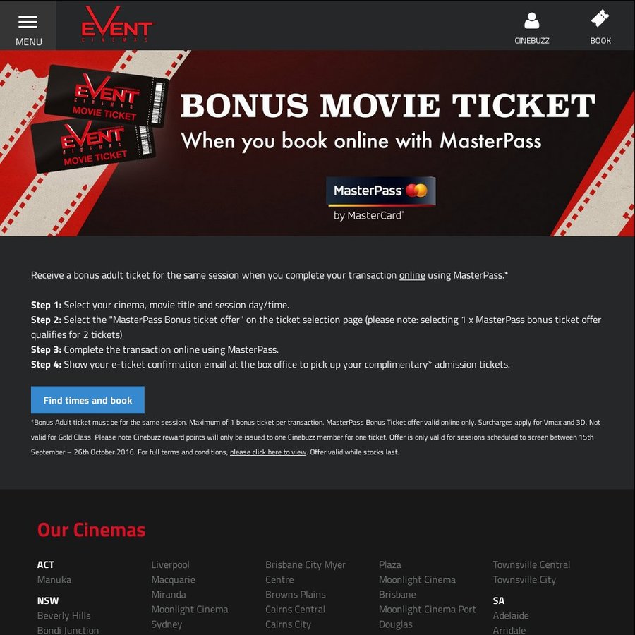 Event Cinemas 2 For 1 Adult Tickets ($19.70) When You Pay Using 