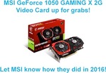 Win an MSI GeForce® 1050 GAMING X 2G Video Card Worth $189 from MSI/Tweaktown