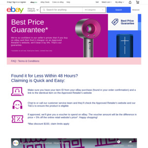 eBay Best Price Guarantee on New Fixed Price Items: Credit on Difference of Competitor Price + 5% off (Max Claim $150) @ eBay