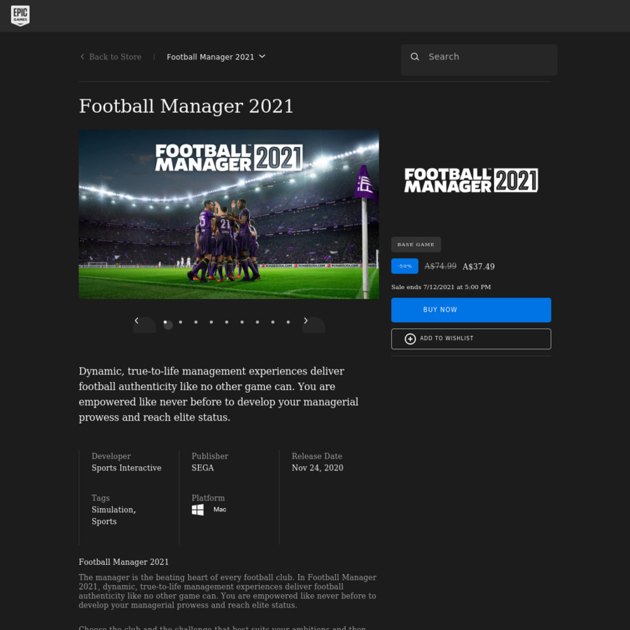 Epic games deals football manager