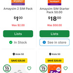 amaysim Starter Packs (Value/Price): $35/$12, $40/$15, $50/$18, $150/$99, $240/$175 In-store @ Woolworths (5% PB @ Officeworks)