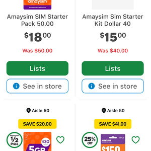amaysim Prepaid Mobile SIM Starter Packs: $40 for $15, $50 for $18, $150 for $109 In-store @ Woolworths