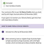 Triple Status Credits on Eligible Virgin Australia Flights (Activation Required) @ Velocity Frequent Flyer