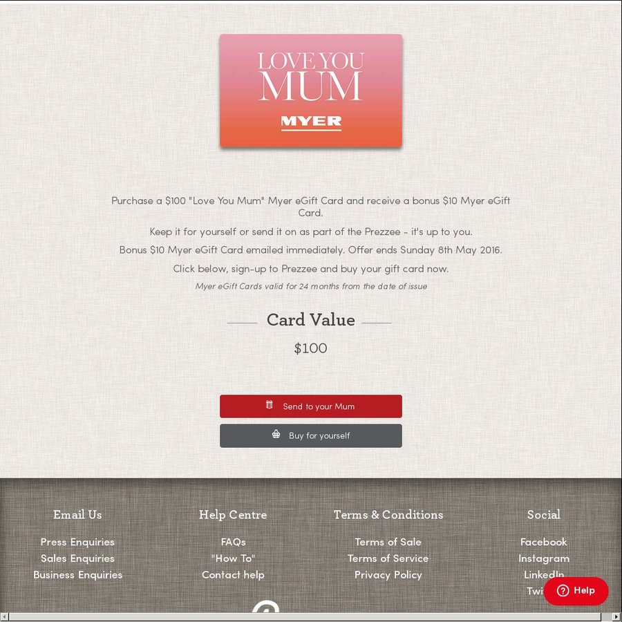 Purchase a 100 Myer eGift Card and Get Another 10 Myer eGift Card