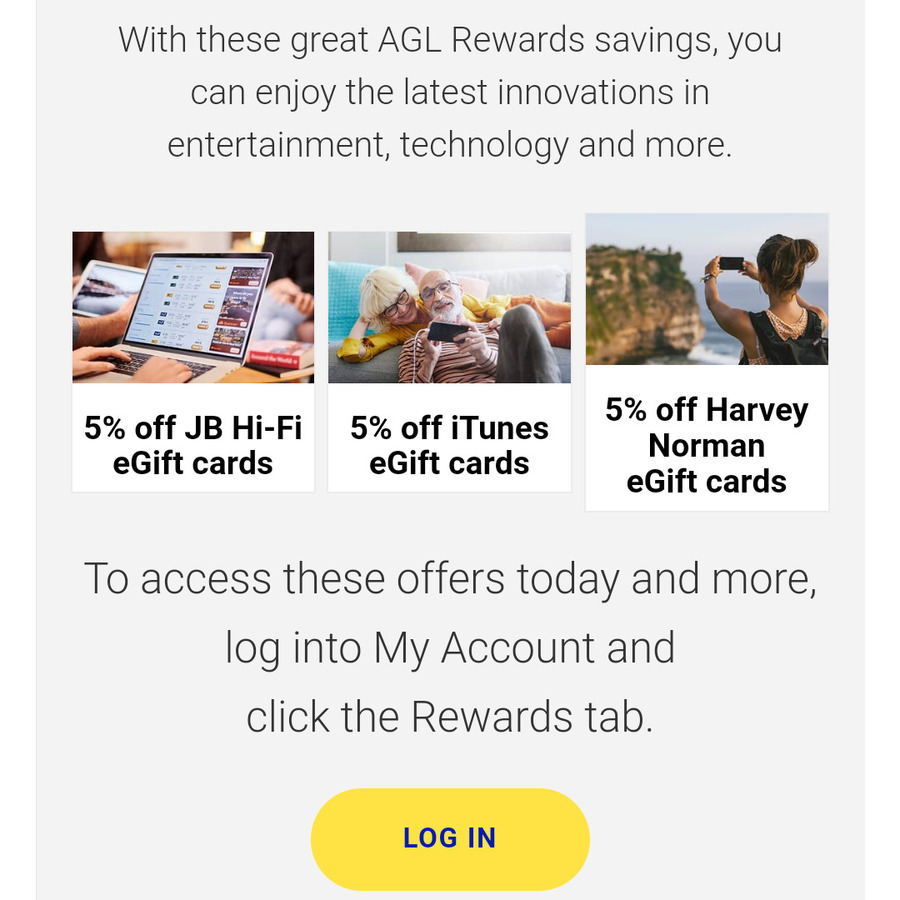 5 off JB Hi Fi iTunes and Harvey Norman eGift Cards for AGL