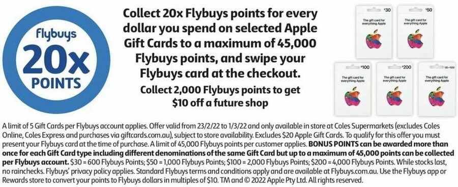 20x Flybuys points on Apple gift cards @ Coles (1 Nov to 7 Nov 2023) :  flybuys