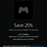Customer Retention: 25% off 12 Months PS Plus Essential When Cancelling Subscription - $77.21 (Was $102.95) @ PlayStation Store