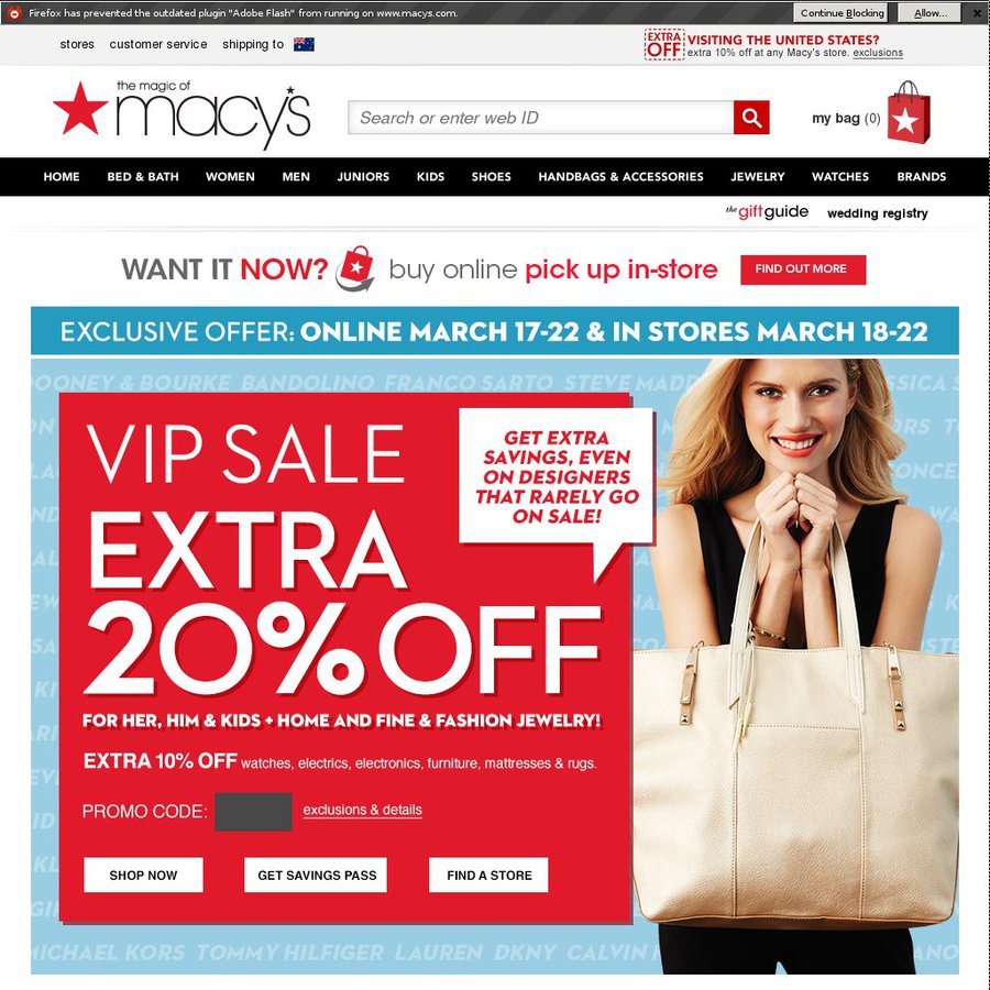 Macy's VIP Sale Extra 20 off Apparel, Home & Jewellery, 10 off