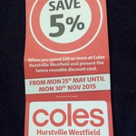 5% off $30+ Spend at Coles Westfield Hurstville NSW till 30th Nov 2015
