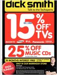 DSE 15% off TVs and 25% off Music CDs. Brookvale NSW Only