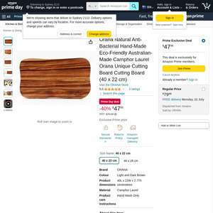 [Prime] Solid Camphor Wood Australian Made Chopping Board: 40x22cm $47.95, 46x26cm $59.95 Delivered @ Orana via Amazon AU