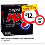 Pepsi, Solo or Schweppes 24x 375ml Cans $12 (Save $7) Coles WA