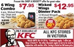 6 Wing Combo - $7.95 and Wicked Wings Dinner Pack - $12.95 at KFC (All VIC, All TAS, Select Stores in SA & WA) + More