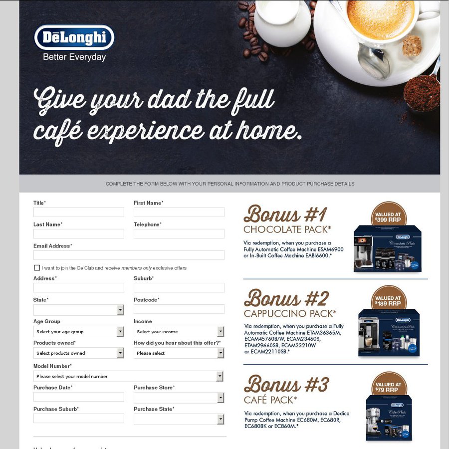 DeLonghi Coffee Machines Bonus Packs Via Redemption Value