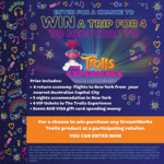 Win a Trip to New York for 4 from DreamWorks (Purchase Trolls Product)