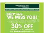 30% off Books, CD's and Stationery at Angus and Robertson