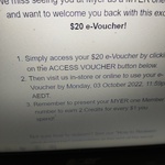 $20 E-Voucher for MYER ONE Members (Email Required) @ Myer